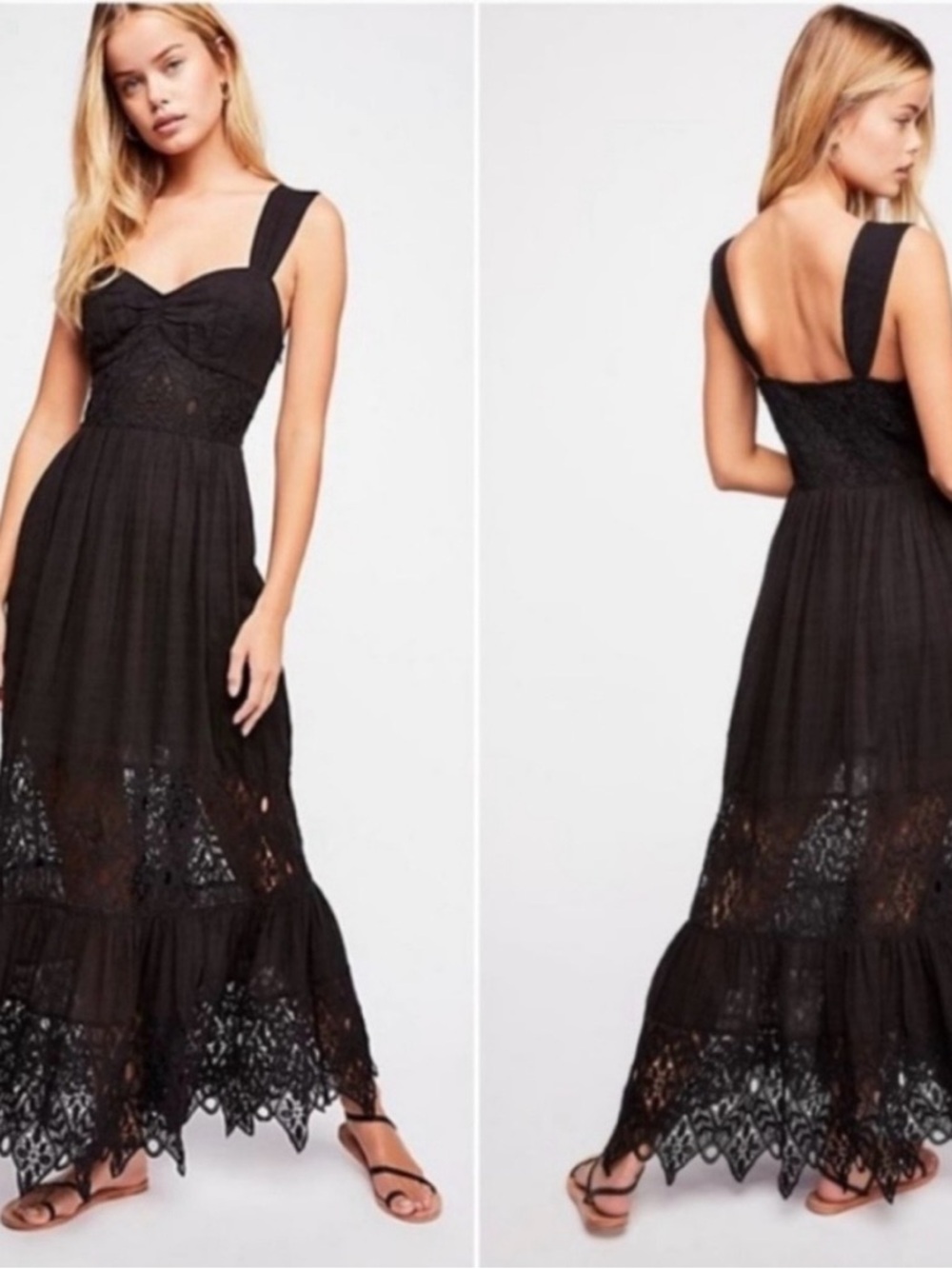 Free People Black Lace Maxi Dress with Wide Straps
